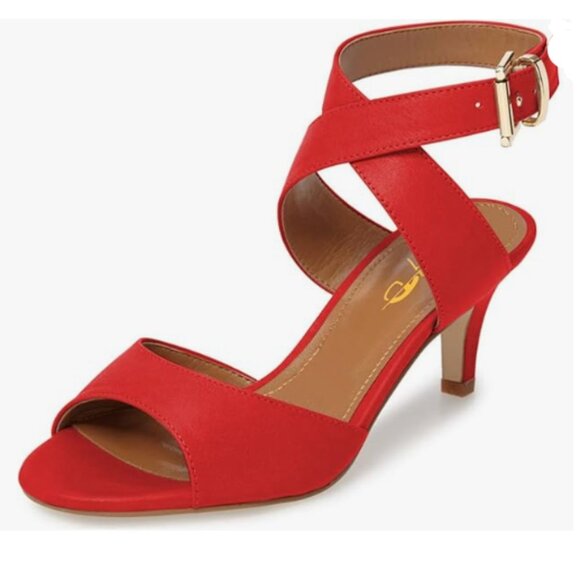 XYD Red High Heel Slingback Sandal Open Toe Buckled Cross Ankle Strap Dress Shoe - Picture 1 of 8